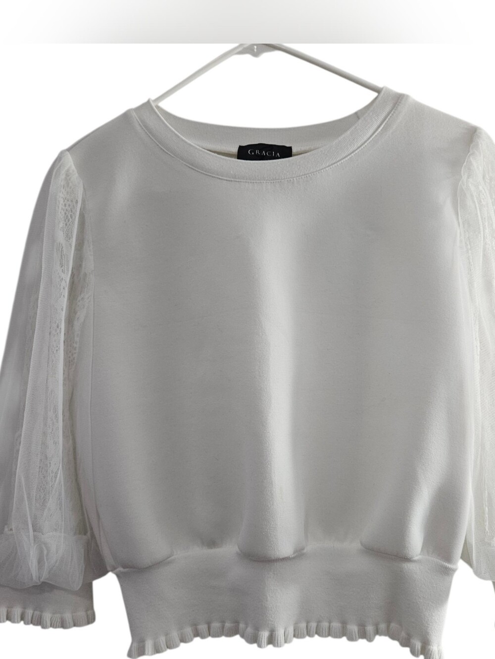 Gracia White Puff Sheer Sleeve Top Feminine Whimsical